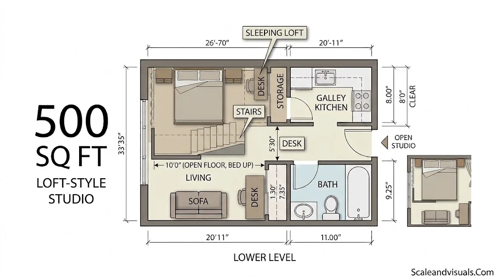 500 sq feet Loft-style studio