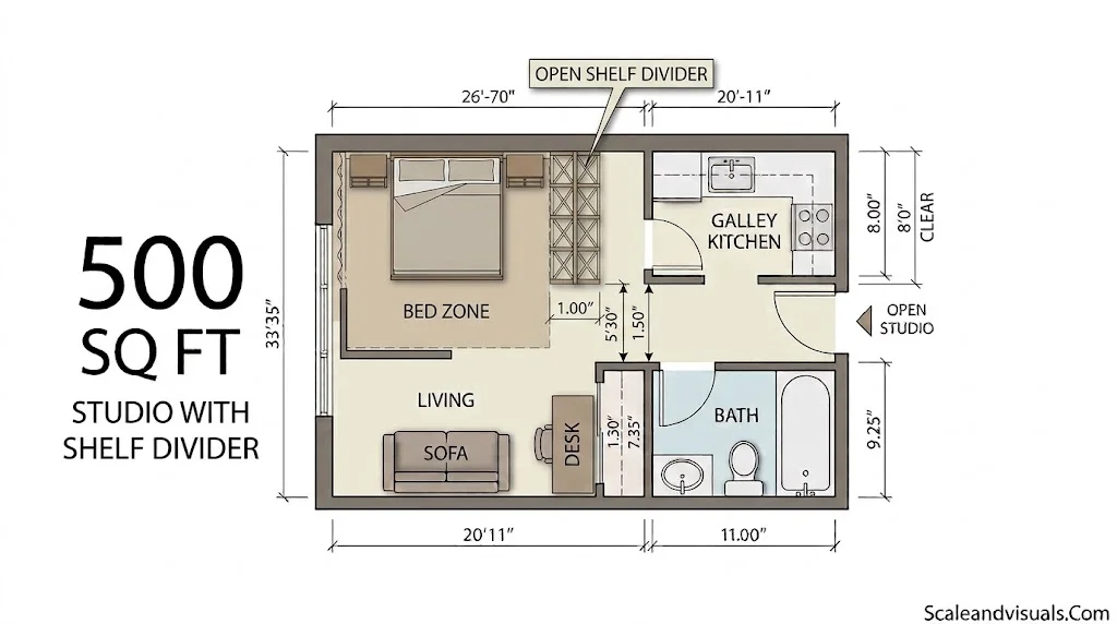 500 sq feet Studio with a shelf divider