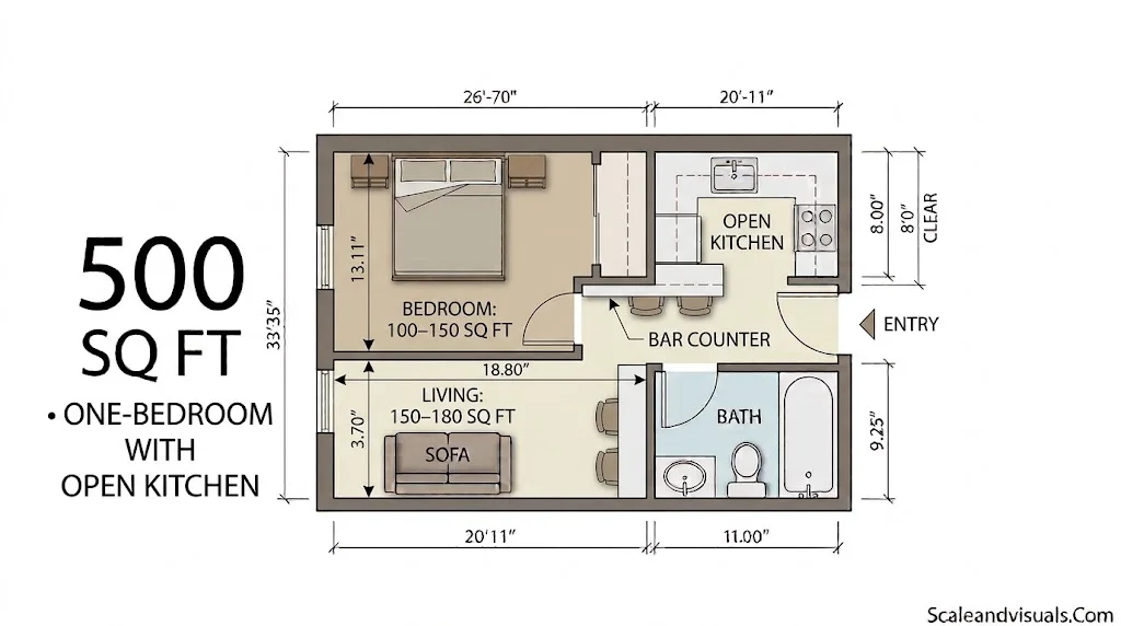 500 sq ft One-bedroom with an open kitchen