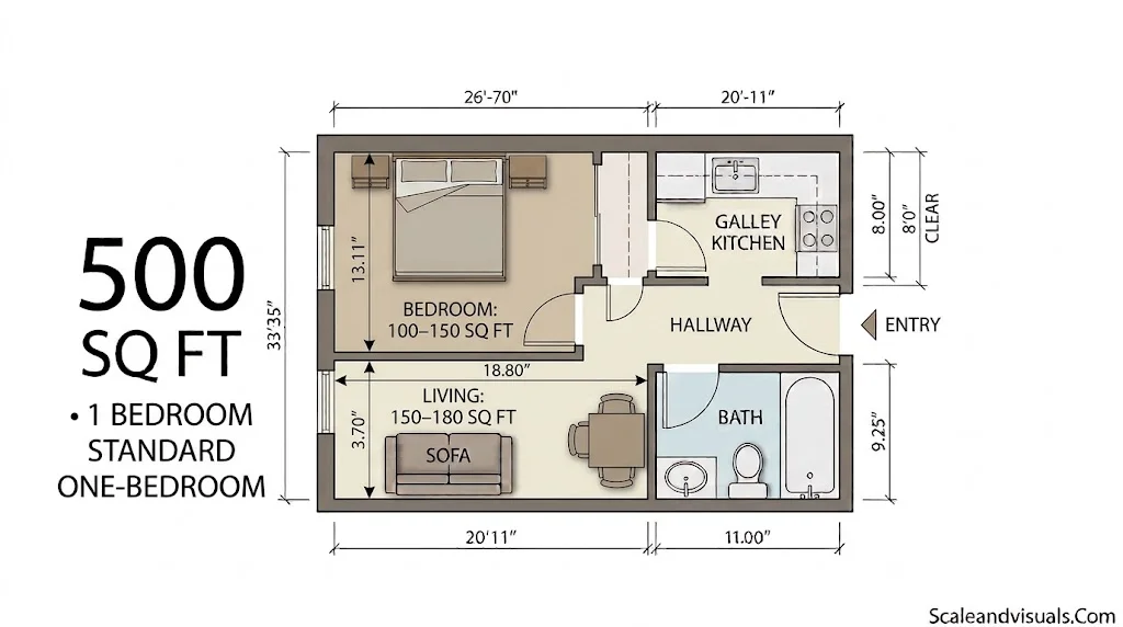 500 sq ft Standard one-bedroom