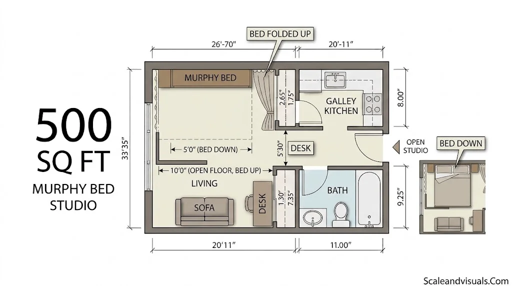 500 square feet Murphy bed studio
