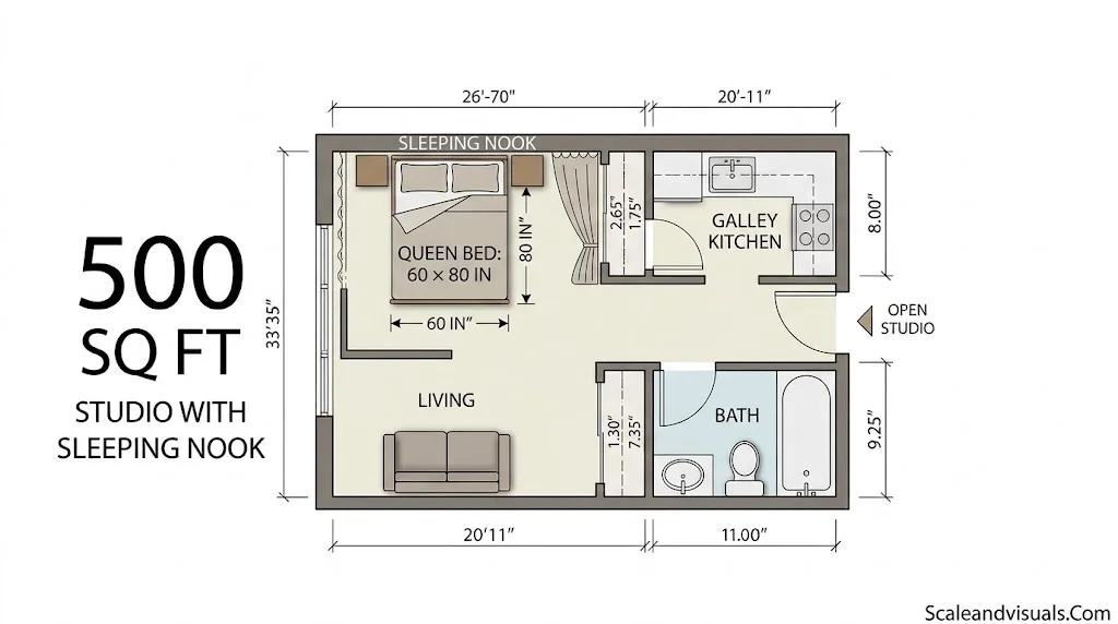 500 square feet Studio with a sleeping nook